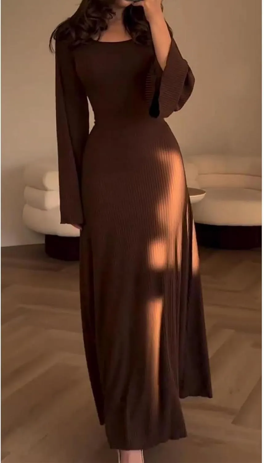 Womens Ribbed Knit Bell Long Sleeve Maxi Sweater Dress Casual Round Neck High Waist Plain Bodycon Pleated Long Dress