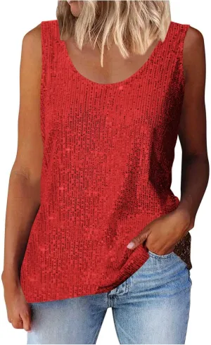 Womens Sequin Sparkle Tank Tops Casual Fashion Strappy Shimmer Camisole Sleeveless Party Glitter Tanks Tops