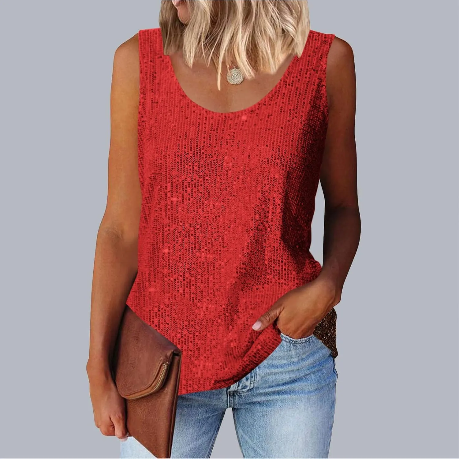 Womens Sequin Sparkle Tank Tops Casual Fashion Strappy Shimmer Camisole Sleeveless Party Glitter Tanks Tops