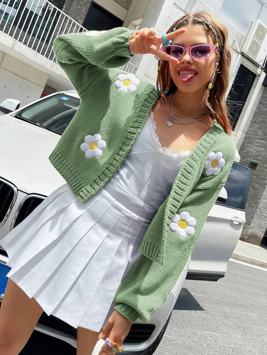 Womens Y2K Cardigan Sweaters Long Sleeve Open Front Cropped Flower Knit Cardigan Aesthetic 90s Shrug Back to College Outfits