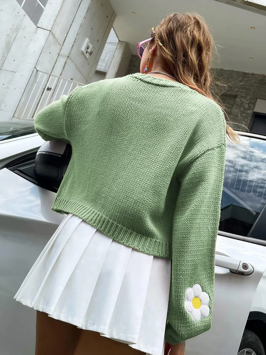 Womens Y2K Cardigan Sweaters Long Sleeve Open Front Cropped Flower Knit Cardigan Aesthetic 90s Shrug Back to College Outfits