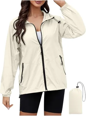 XUNRYAN Rain Jackets for Women Hooded Waterproof Packable Windbreaker Fall Outfits Sports Coat Outdoor Hiking Travel Jacket