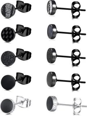 YADOCA Black Round Stud Earrings Set for Men Women 316L Surgical Stainless Steel Matte Black Ear Studs 5 Pairs 4mm-12mm