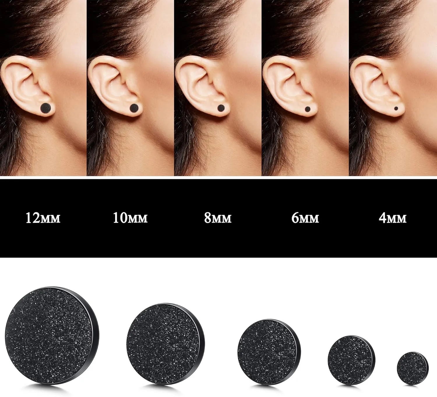 YADOCA Black Round Stud Earrings Set for Men Women 316L Surgical Stainless Steel Matte Black Ear Studs 5 Pairs 4mm-12mm