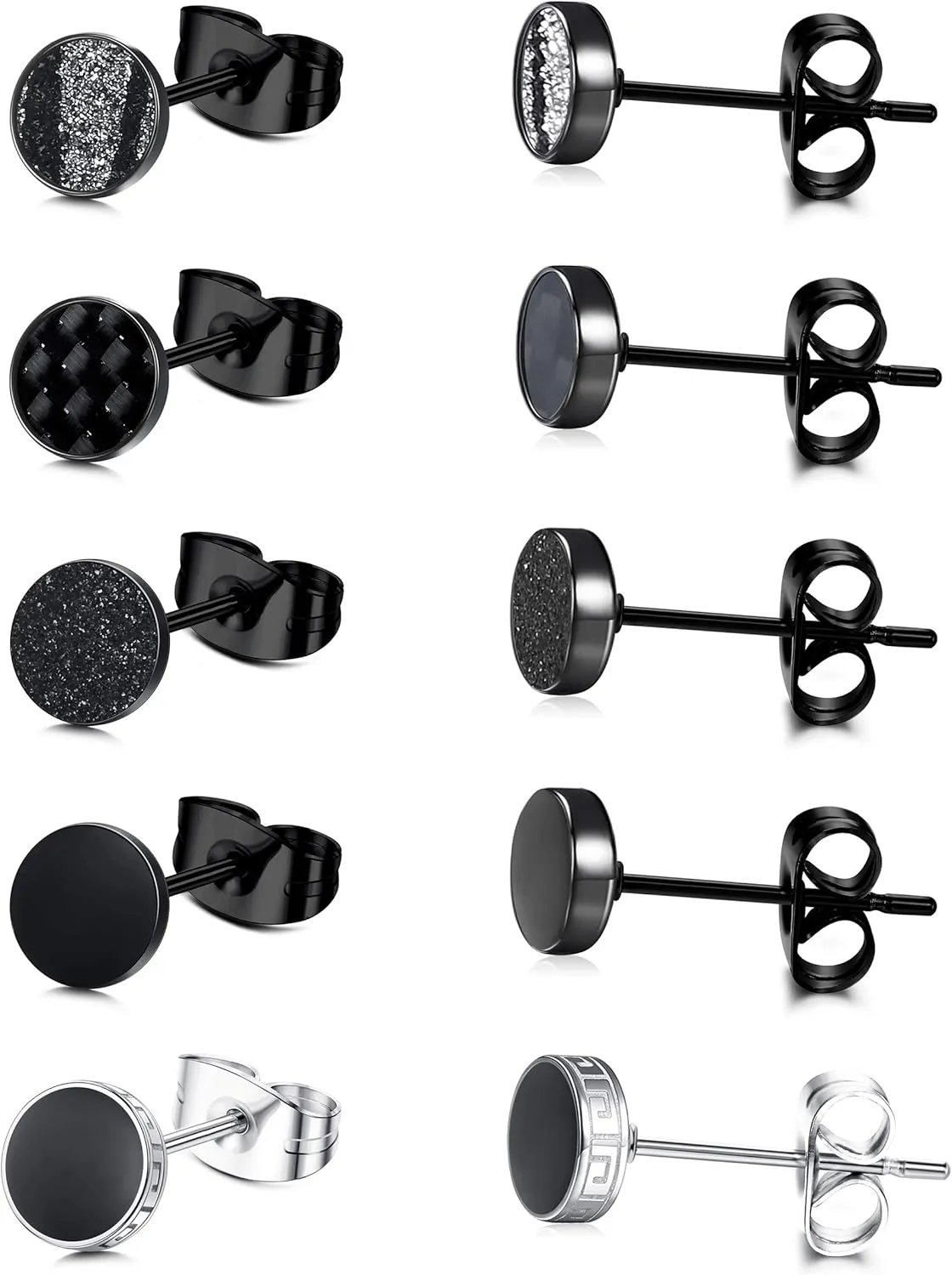 YADOCA Black Round Stud Earrings Set for Men Women 316L Surgical Stainless Steel Matte Black Ear Studs 5 Pairs 4mm-12mm