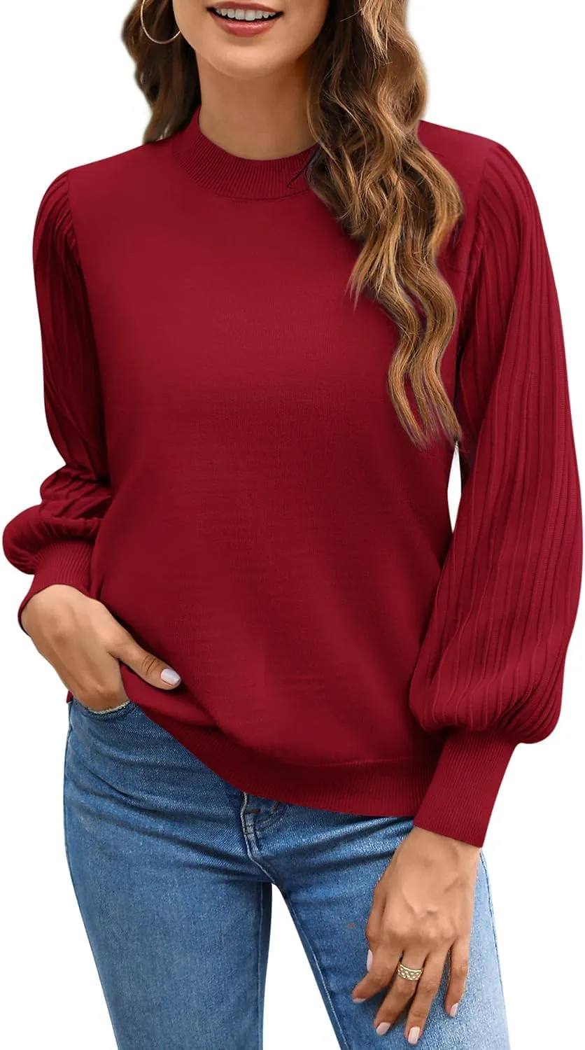 Ybenlow Women's 2024 Casual Crewneck Pleated Lantern Long Sleeve Pullover Sweater Loose Ribbed Knit Jumper Tops