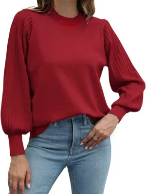 Ybenlow Women's 2024 Casual Crewneck Pleated Lantern Long Sleeve Pullover Sweater Loose Ribbed Knit Jumper Tops