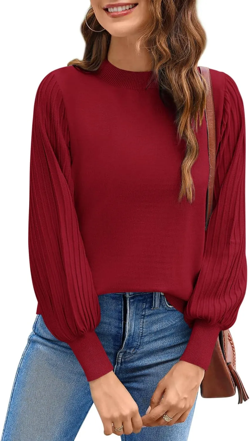 Ybenlow Women's 2024 Casual Crewneck Pleated Lantern Long Sleeve Pullover Sweater Loose Ribbed Knit Jumper Tops