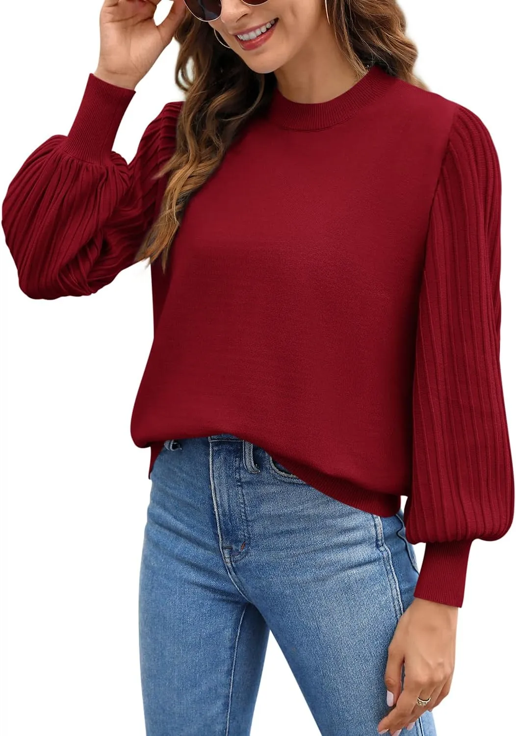 Ybenlow Women's 2024 Casual Crewneck Pleated Lantern Long Sleeve Pullover Sweater Loose Ribbed Knit Jumper Tops