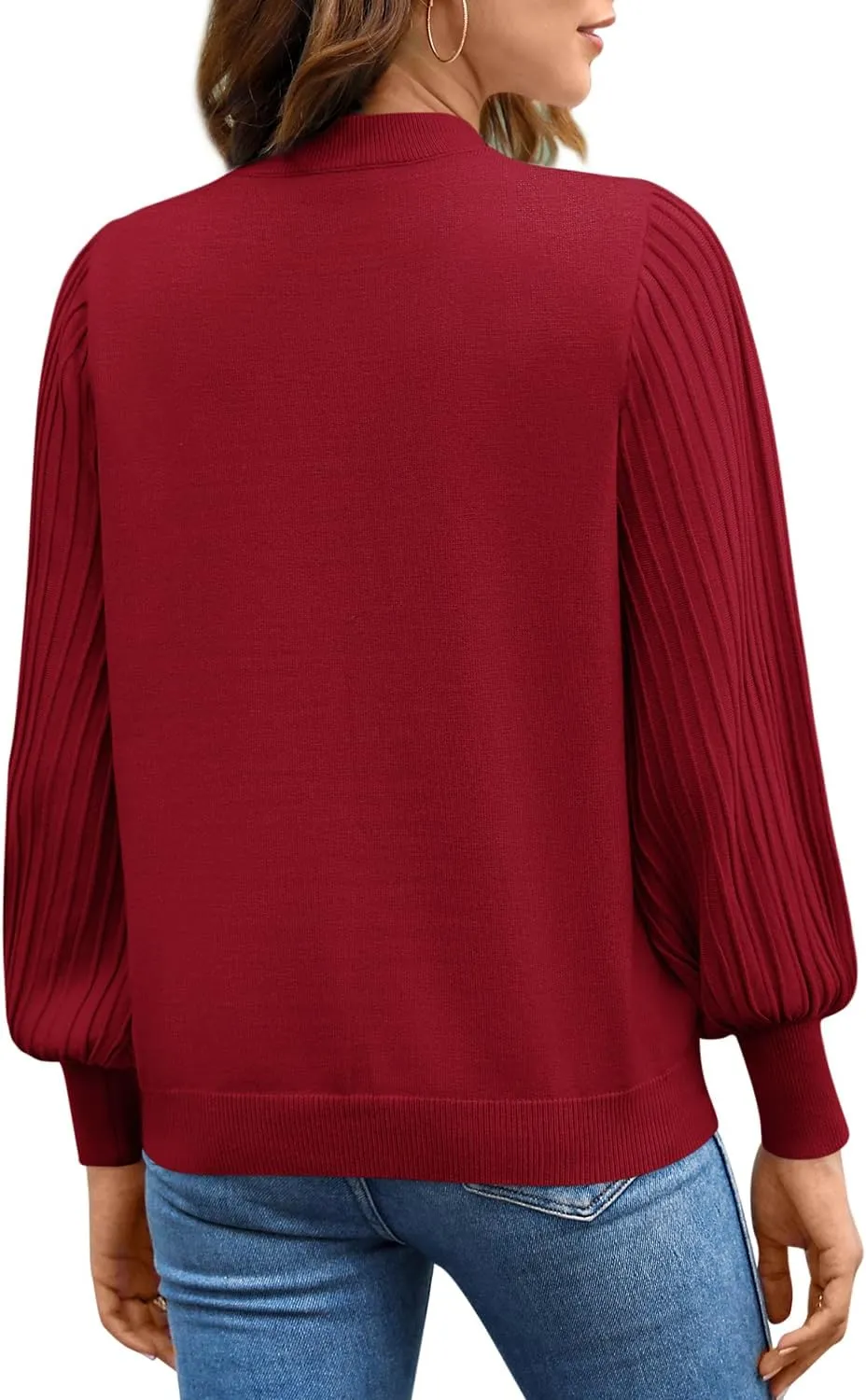 Ybenlow Women's 2024 Casual Crewneck Pleated Lantern Long Sleeve Pullover Sweater Loose Ribbed Knit Jumper Tops