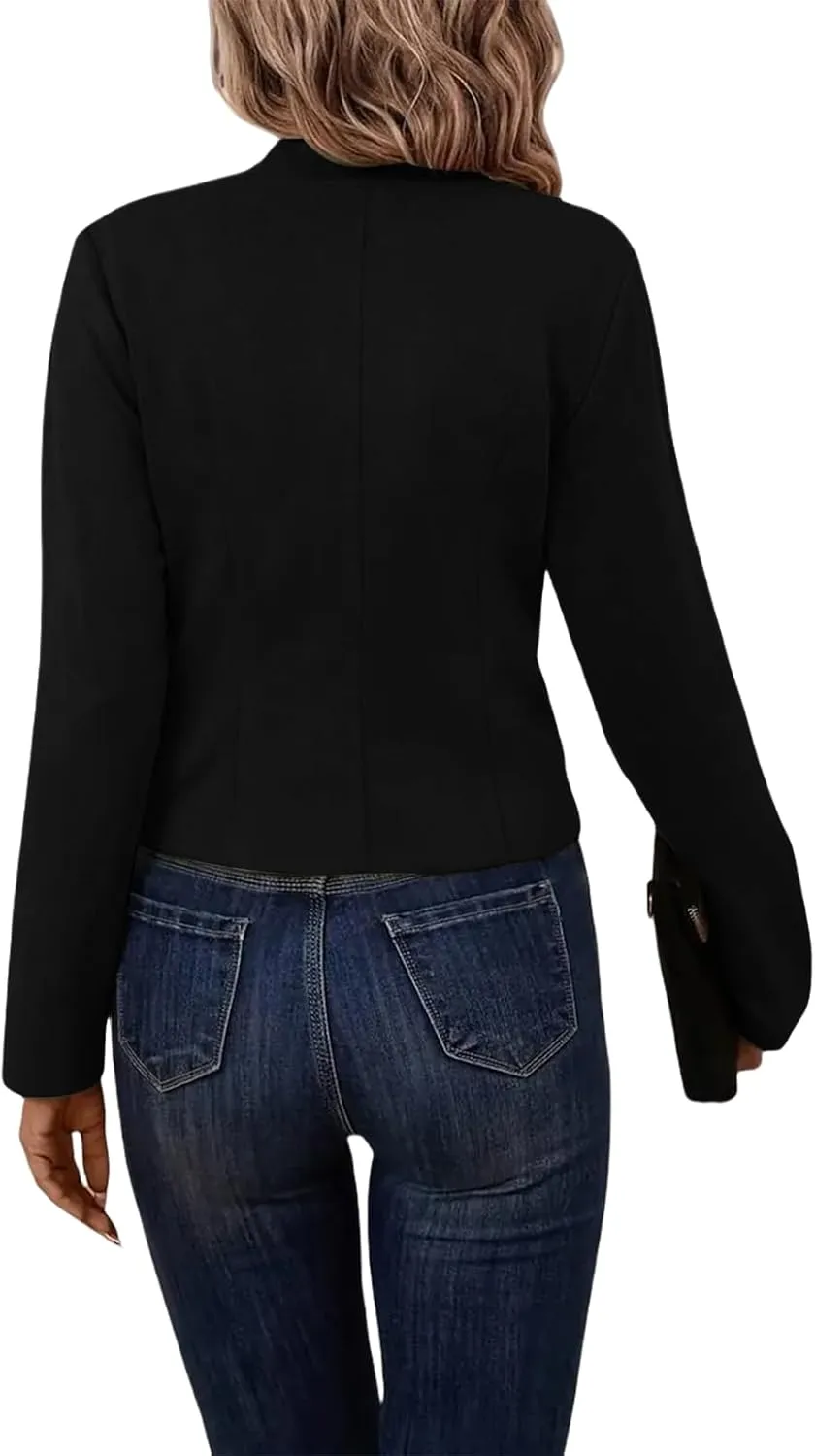 ZWRXW Women's Cropped Long Sleeve Blazers Double Breasted Slim Fit Solid Suit Jacket Fall Winter Stand Collar Blazer Outwear