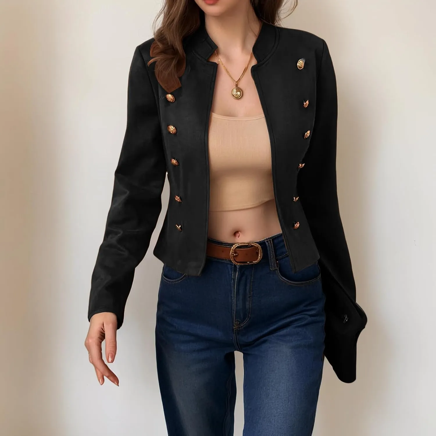 ZWRXW Women's Cropped Long Sleeve Blazers Double Breasted Slim Fit Solid Suit Jacket Fall Winter Stand Collar Blazer Outwear