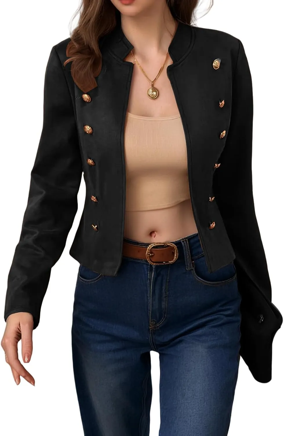 ZWRXW Women's Cropped Long Sleeve Blazers Double Breasted Slim Fit Solid Suit Jacket Fall Winter Stand Collar Blazer Outwear
